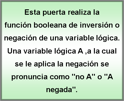 Cuadro de texto: Esta puerta realiza la funcin booleana de inversin o negacin de una variable lgica. Una variable lgica A ,a la cual se le aplica la negacin se pronuncia como "no A" o "A negada".