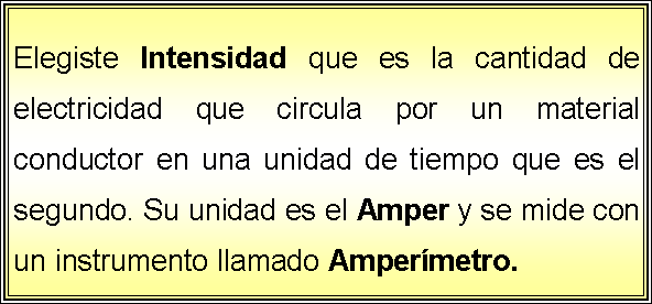 Cuadro de texto: Elegiste Intensidad que es la cantidad de electricidad que circula por un material conductor en una unidad de tiempo que es el segundo. Su unidad es el Amper y se mide con un instrumento llamado Ampermetro.