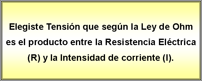 Cuadro de texto: Elegiste Tensin que segn la Ley de Ohm es el producto entre la Resistencia Elctrica (R) y la Intensidad de corriente (I).