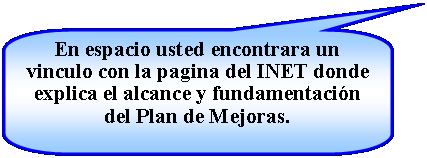 Llamada rectangular redondeada: En espacio usted encontrara un vinculo con la pagina del INET donde explica el alcance y fundamentación del Plan de Mejoras.