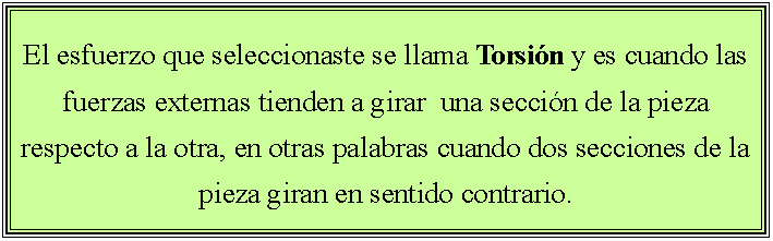 Cuadro de texto: El esfuerzo que seleccionaste se llama Torsi�n y es cuando las fuerzas externas tienden a girar  una secci�n de la pieza respecto a la otra, en otras palabras cuando dos secciones de la pieza giran en sentido contrario.
