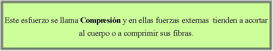 Cuadro de texto: Este esfuerzo se llama Compresi�n y en ellas fuerzas externas  tienden a acortar al cuerpo o a comprimir sus fibras.