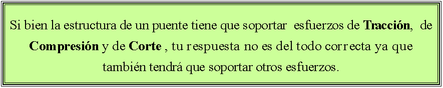 Cuadro de texto: Si bien la estructura de un puente tiene que soportar  esfuerzos de Tracci�n,  de Compresi�n y de Corte , tu respuesta no es del todo correcta ya que tambi�n tendr� que soportar otros esfuerzos. 