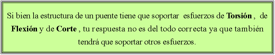 Cuadro de texto: Si bien la estructura de un puente tiene que soportar  esfuerzos de Torsi�n ,  de Flexi�n y de Corte , tu respuesta no es del todo correcta ya que tambi�n tendr� que soportar otros esfuerzos. 