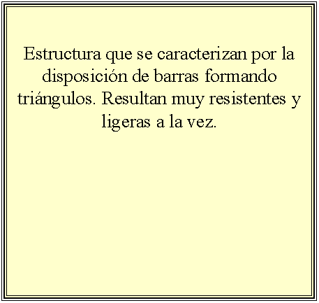 Cuadro de texto: Estructura que se caracterizan por la disposici�n de barras formando tri�ngulos. Resultan muy resistentes y ligeras a la vez.